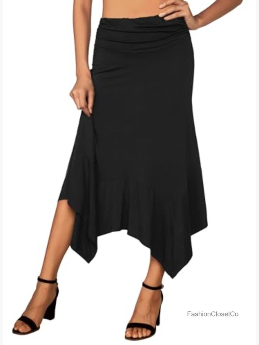 Flowy Handkerchief Hemline Midi Skirt - Ruched Elastic Waist - Picture 2 of 7
